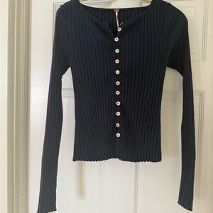 Black Ribbed Button-Up Top